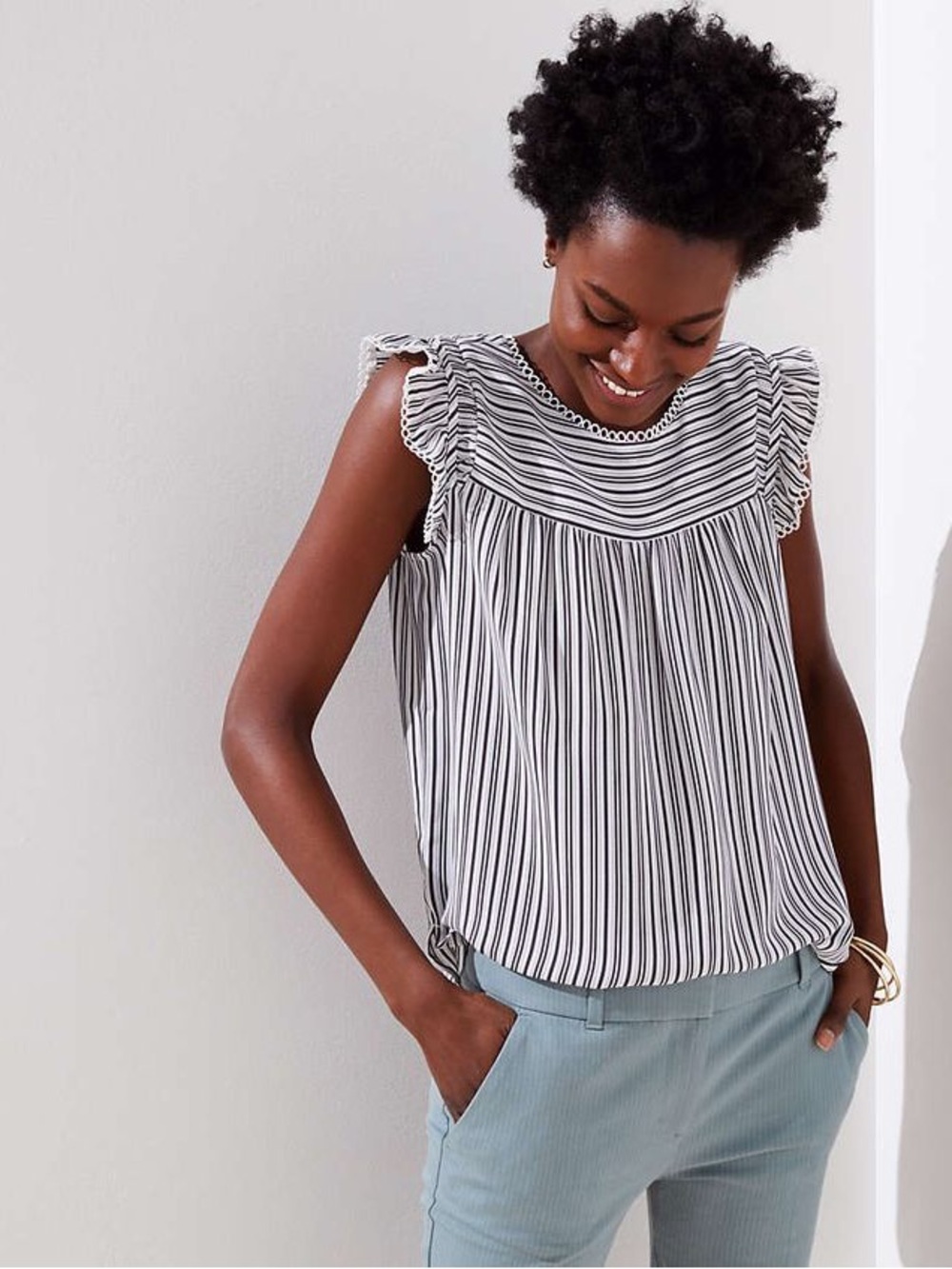 LOFT Striped Ruffle Sleeve Top